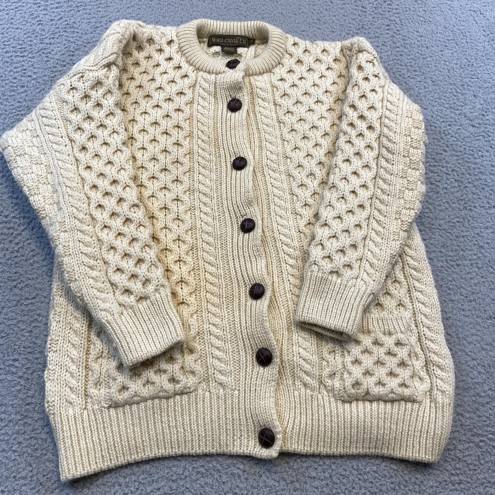 Inis Crafts‎ Sweater Womens Small Wool Aran Fisherman Cardigan Made in Ireland - Picture 2 of 10